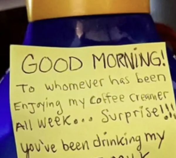 Woman Got Tired Of Coworkers Stealing Her Creamer, So She Left Behind This Note That Sparked Outrage