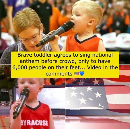 Brave toddler agrees to sing national anthem before crowd, only to have 6,000 people on their feet.