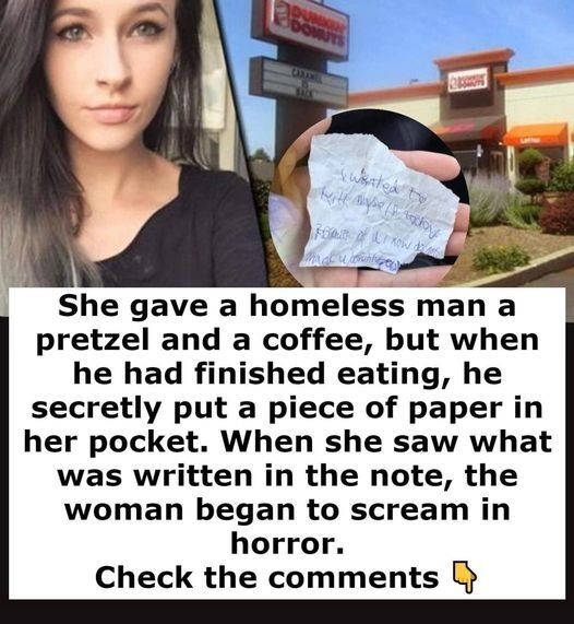 Woman buys homeless man food and stays with him – he then gives her a note and she realizes the truth.