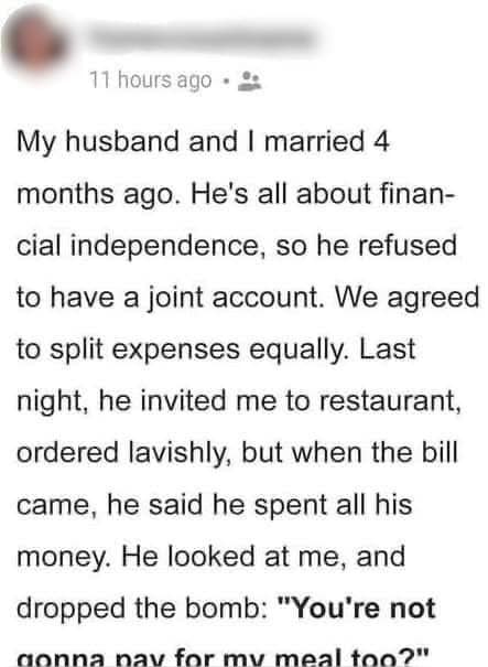 Story: My Husband Invited Me to a Restaurant Then Demanded I Pay for Both of Us at the End of Our Meal –